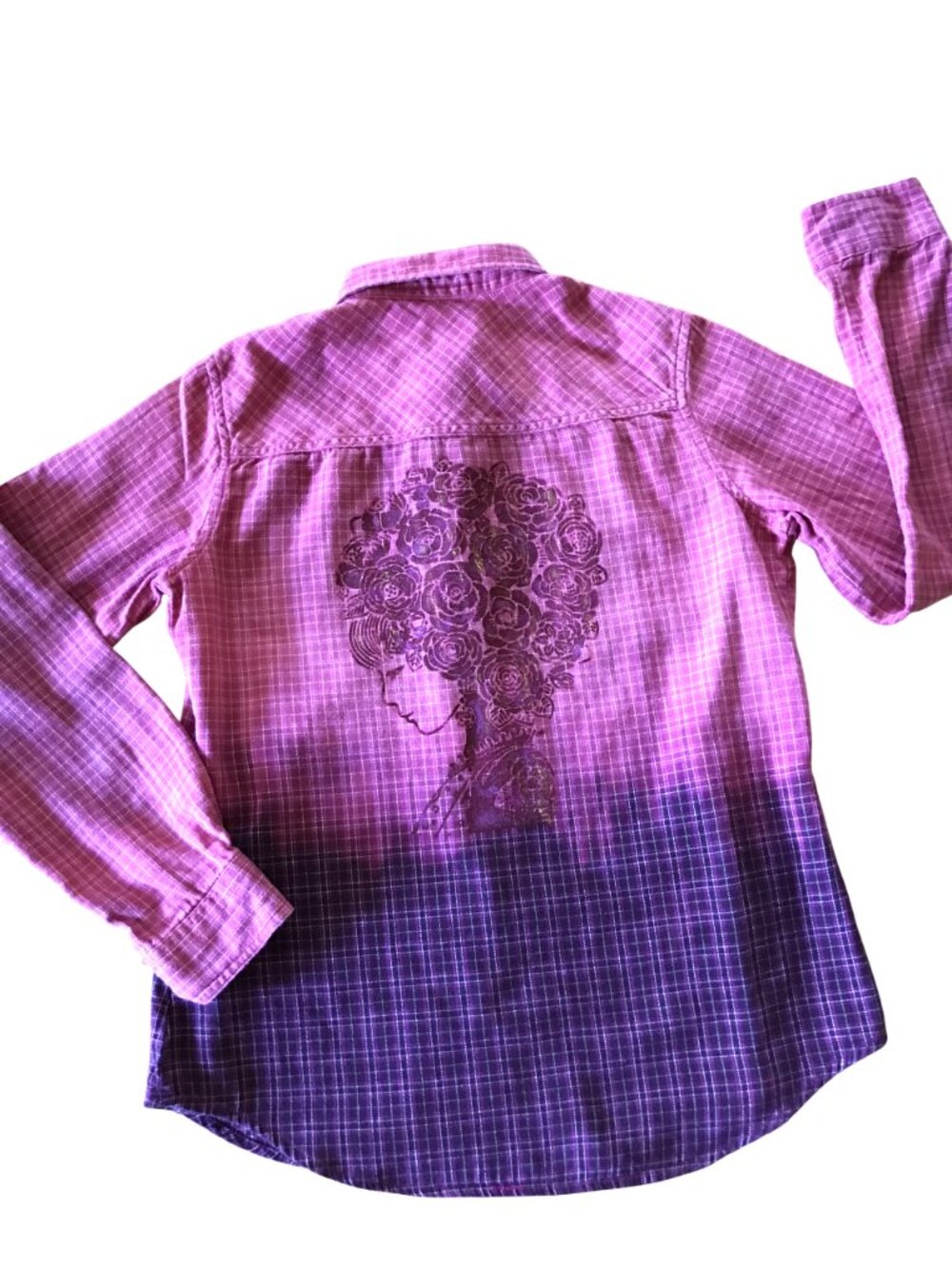 Upcycled Bleached Flannel Shirt, Painted Fancy Lady Top Pink Blue Brown Size XS